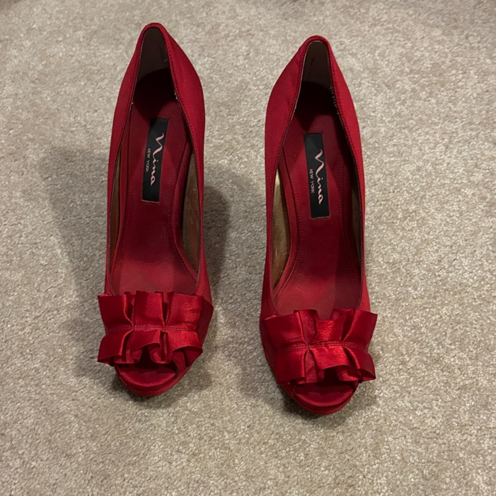 Nina Red Satin Peep-Toe Heels